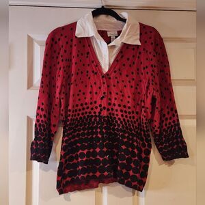 Kim Rogers red and black polka dot collared button up cardigan sweater L